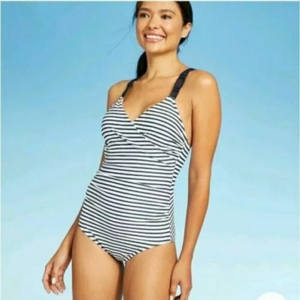 Kona Sol Swimsuit Blue White Striped One Piece Criss-Cross Back Womens Size S